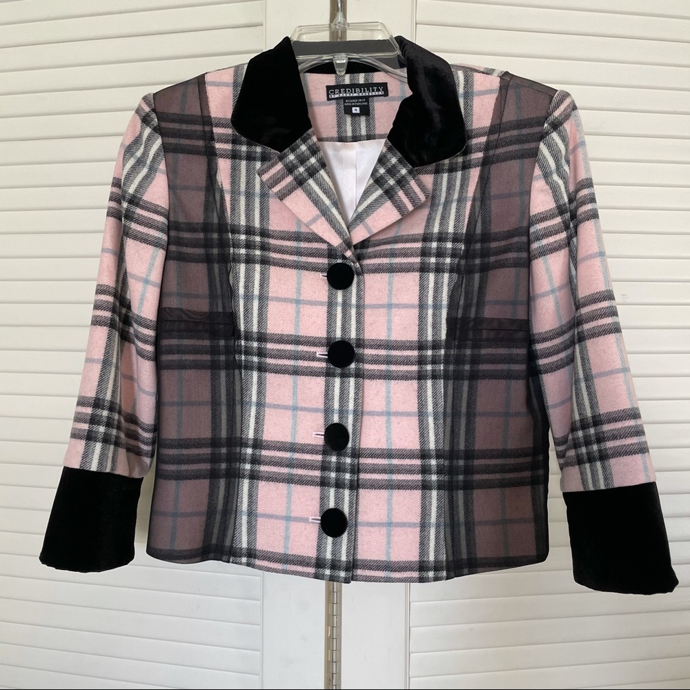Plaid Check Wool Blend Blazer Pink Size 4